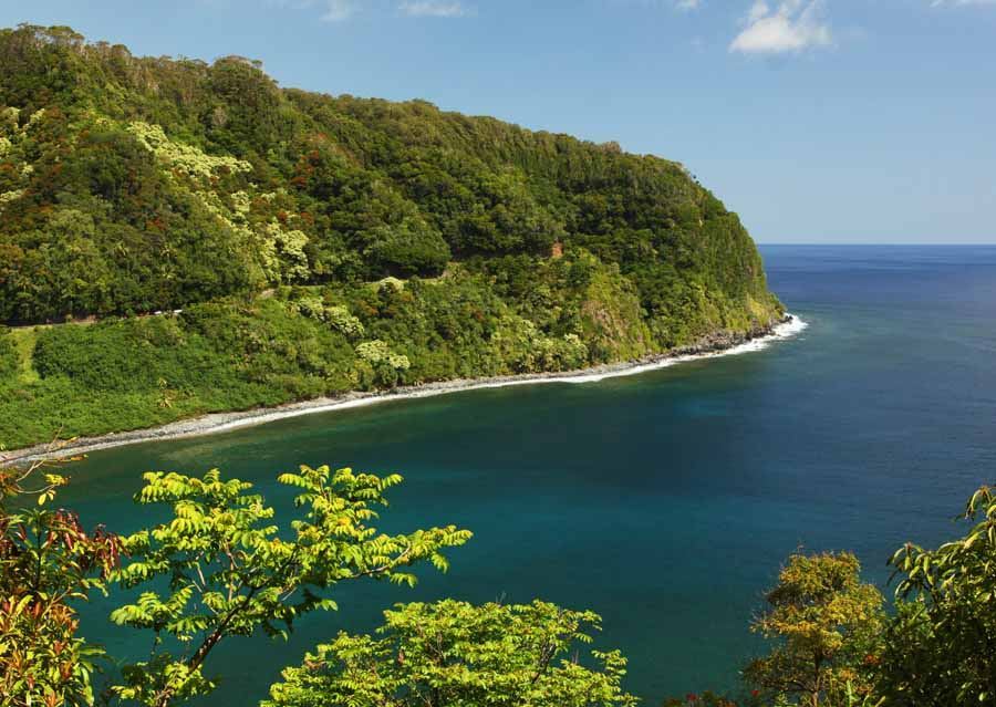 a body of water surrounded by trees with Hana Highway in the background