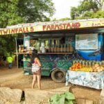 a group of people standing in front of a fruit stand