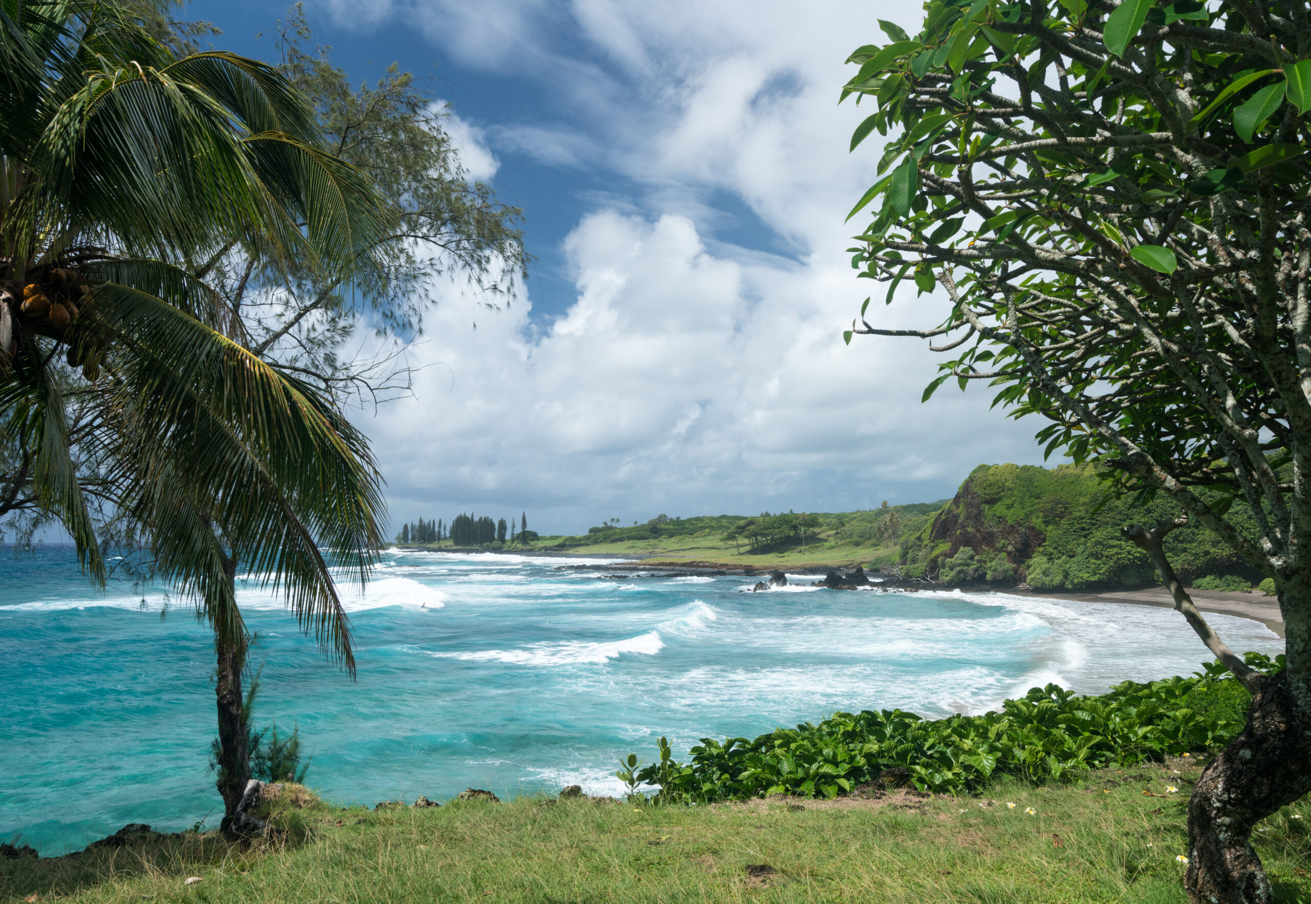 Waves break on Hamoa beach near Hana on Hawaiian island of Maui